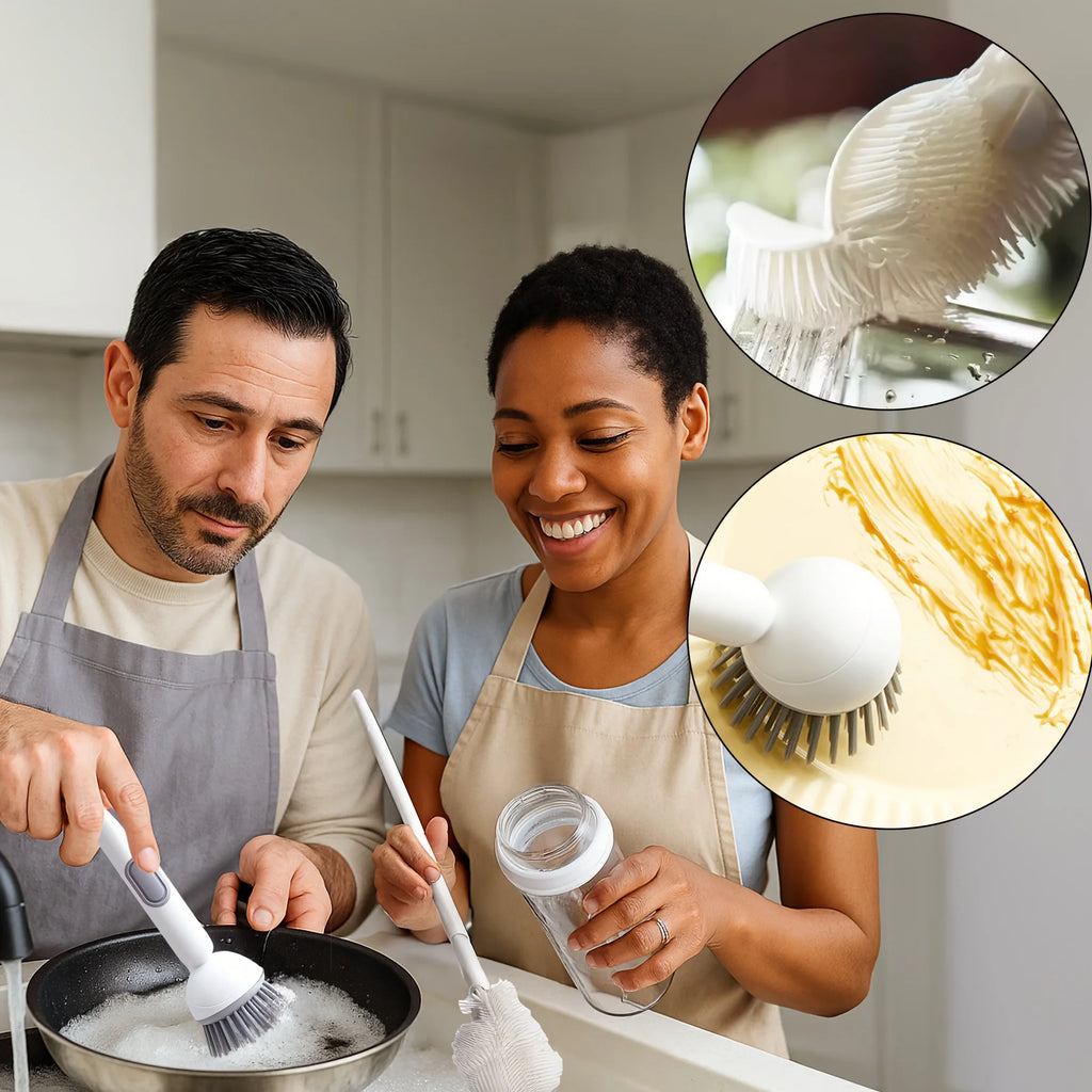 2pcs Heavy-Duty Dish Cleaning Brush Set with Detergent Dispenser - Rotating Scrubber & 2 Long Reach 90° Cup Brushe Oasis Select