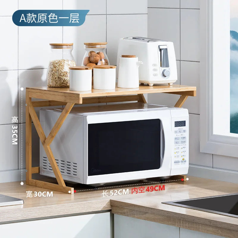 Kitchen Shelf Countertop Double Microwave Shelf Desktop Seasoning Oven Storage Rack Bamboo Solid Wood Oasis Select A one layer