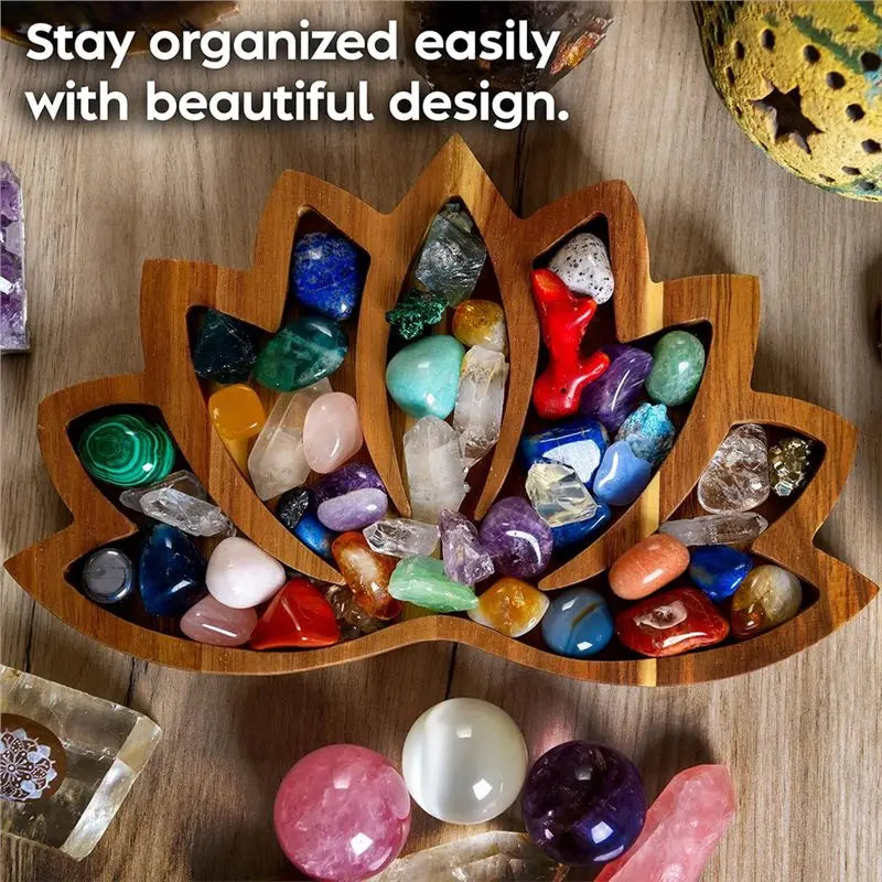 ~WISH Healing Stones, Gems-Lotus Crystal Display Tray-11" X 7" Wooden Rock Bowl, Crystal Holder-Showcase Oasis Select