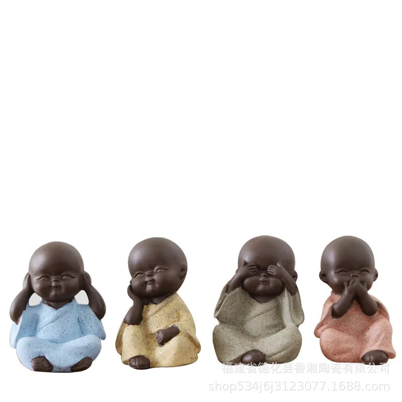 Mini Cute Purple Clay Four Little Monks Potted Plant Sha Mi Tea Pet Ceramic Buddha Home Decor Small Ornament Oasis Select