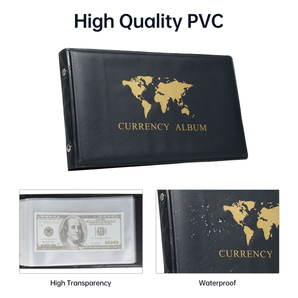 40 Pockets Banknote Currency Collecting Album 20 Sheets Clear Dollar Bill Holders World Money PU Leather Hard Cover Storage Oasis Select