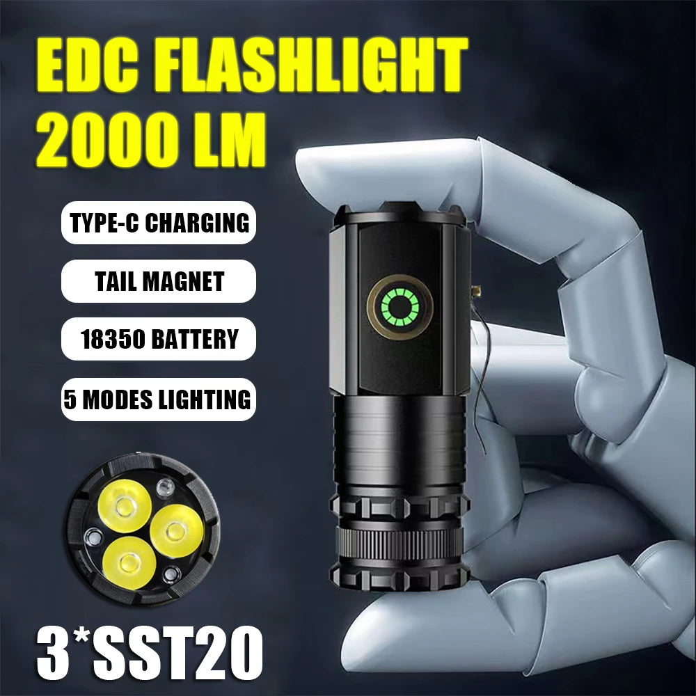 High Power 3 LED Mini LED Flashlight 2000LM SST20 Portable EDC Torch TYPE-C Rechargeable IP68 Camping Lantern with Tail Magnet Oasis Select