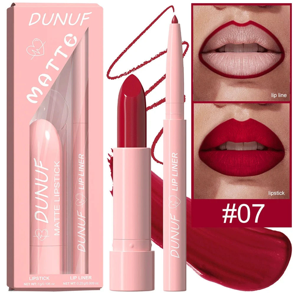 DUNUF 12-Color Matte Lipstick & Lip Liner Set – Waterproof