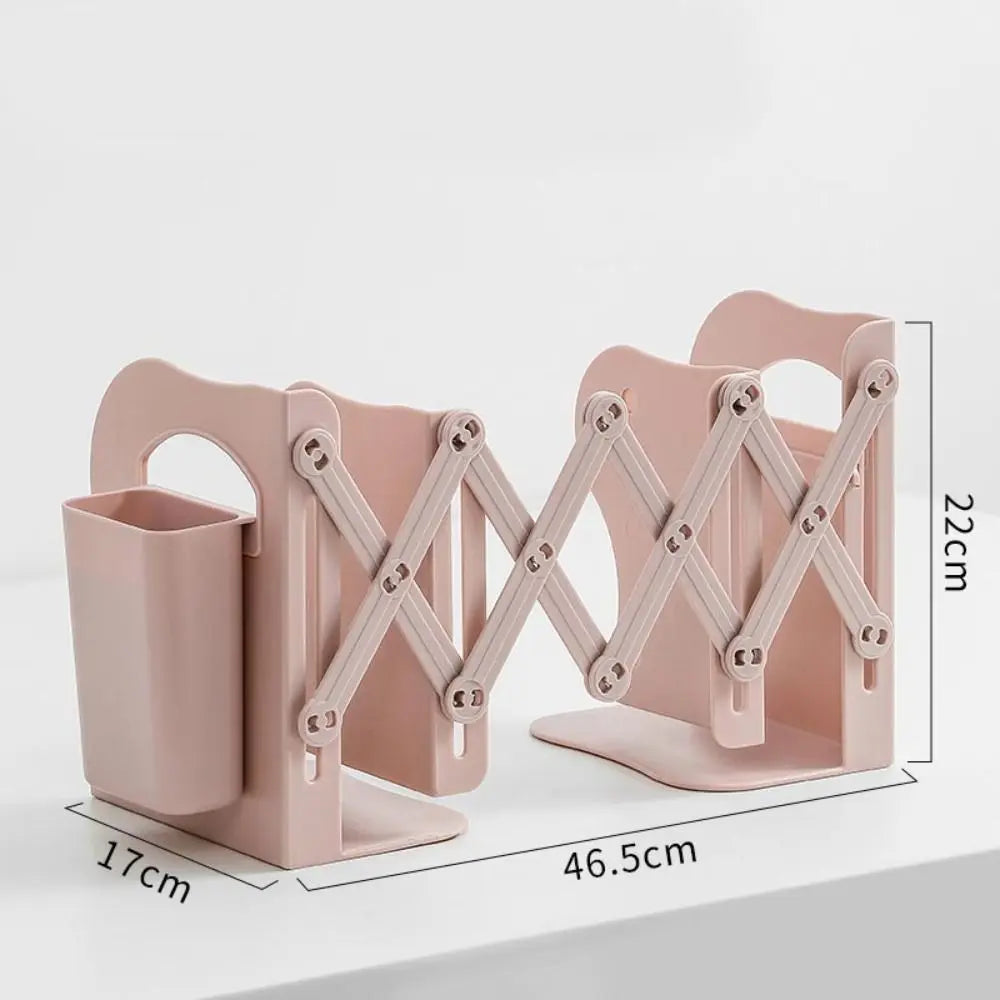 with Pen Holder Retractable Bookends Fixed Book Clip Save Space Adjustable Bookshelf Stationery Simple Divider Book Stand Oasis Select Pink-L