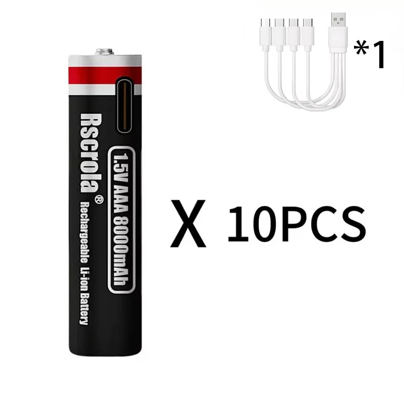 New 1.5V AA13600mAh/AAA8000mAh USB Type-C Rechargeable Lithium Battery for Mouse， Cameras, Electric Toothbrushes, Shavers Oasis Select 10 AAA8000 1.5V