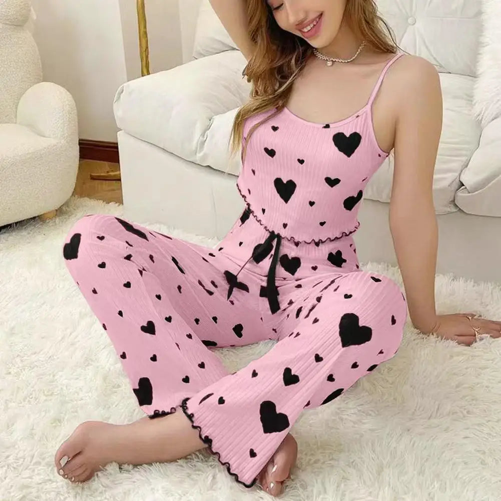 NEW Plus Size Women Pajamas Set 2 Piece Sleeveless Vest and Trousers White Soft Breathable Sleepwear Casual Red Heart Print Oasis Select M3