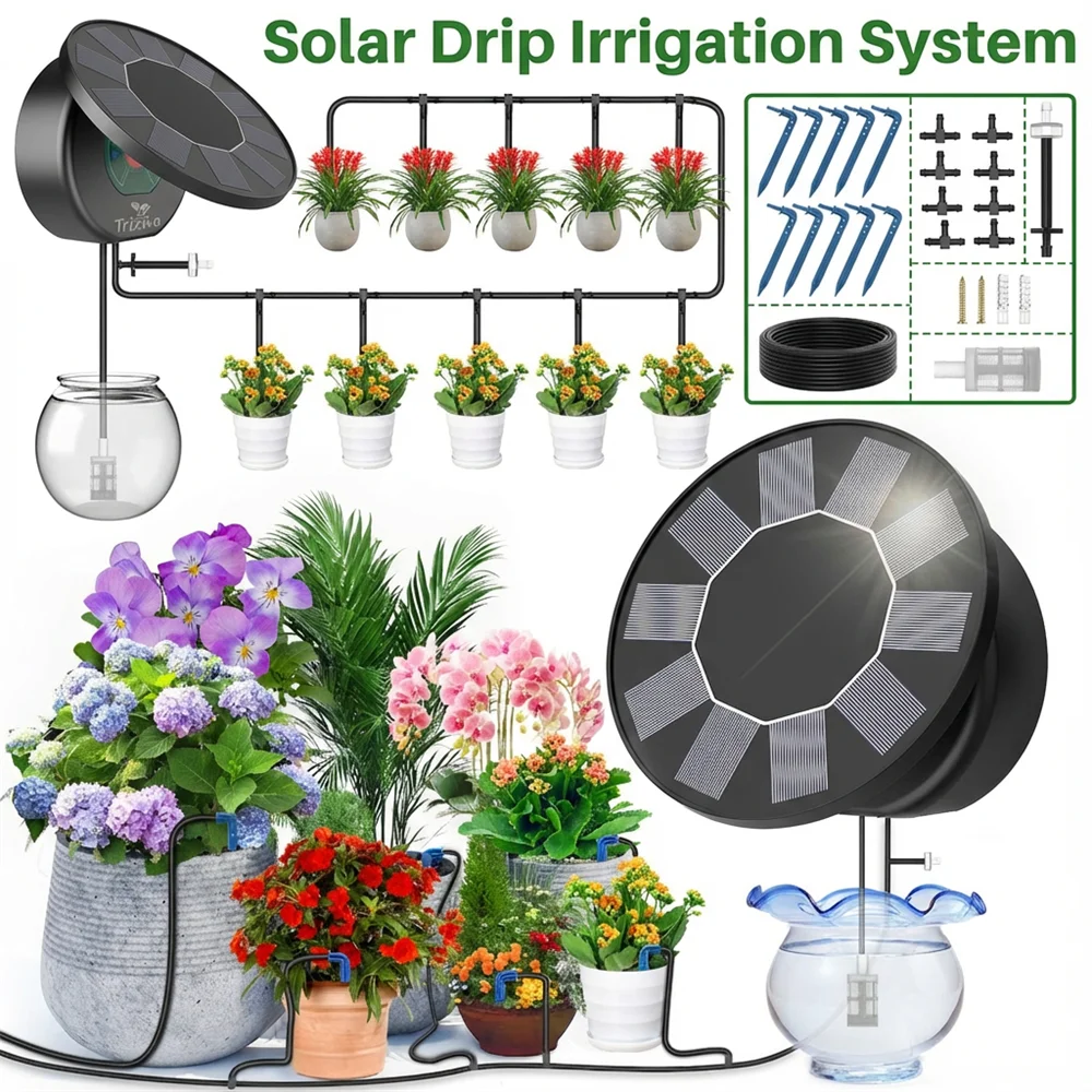 Solar Drip Irrigation System, DIY Drip Accessory Kit, Automatic Plant Watering System, with Watering Timer&10M Water Pipe Etc Oasis Select