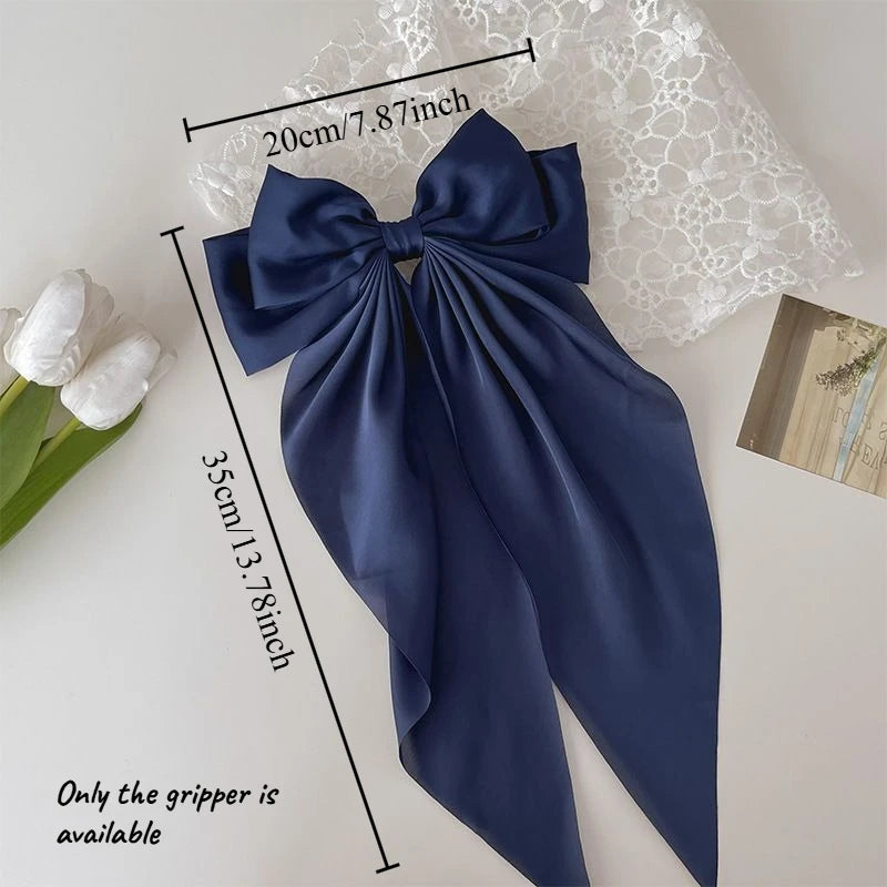 Oversized Satin Bow Hair Clip with Long Ribbon Elegant Solid Color Hairpin for Women Girls Party Daily Hairstyling Oasis Select navy blue