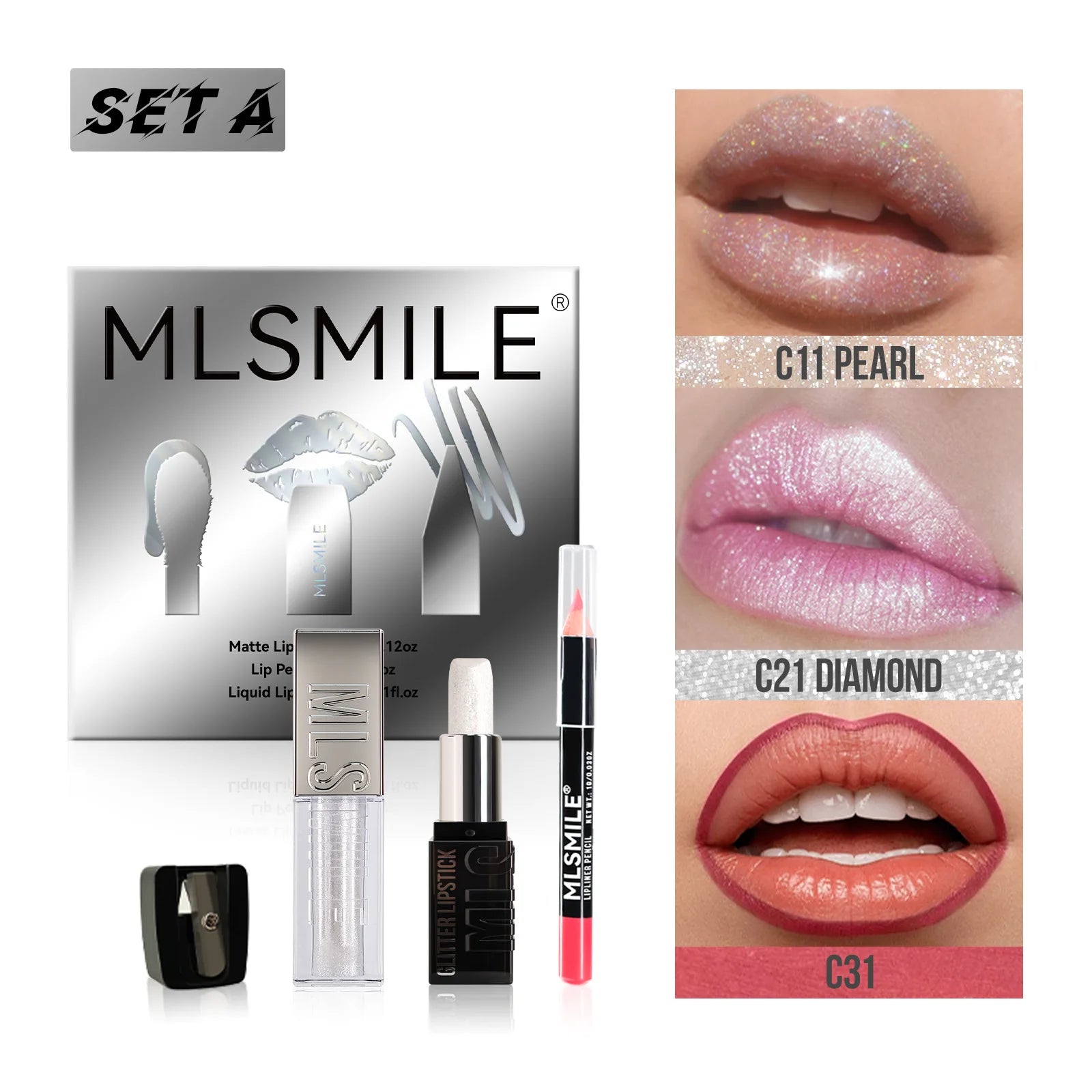 MLSMILE Diamond Lip Gloss, Liner & Lipstick Makeup Kit