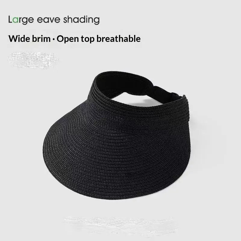 UPF 50+ Wide Brim Straw Visor Hat – Foldable Ponytail Beach Hat