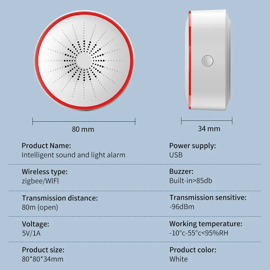Tuya WiFi Zigbee Smart Sound & Light Alarm | USB Security Smart Alarm Sensor Oasis Select