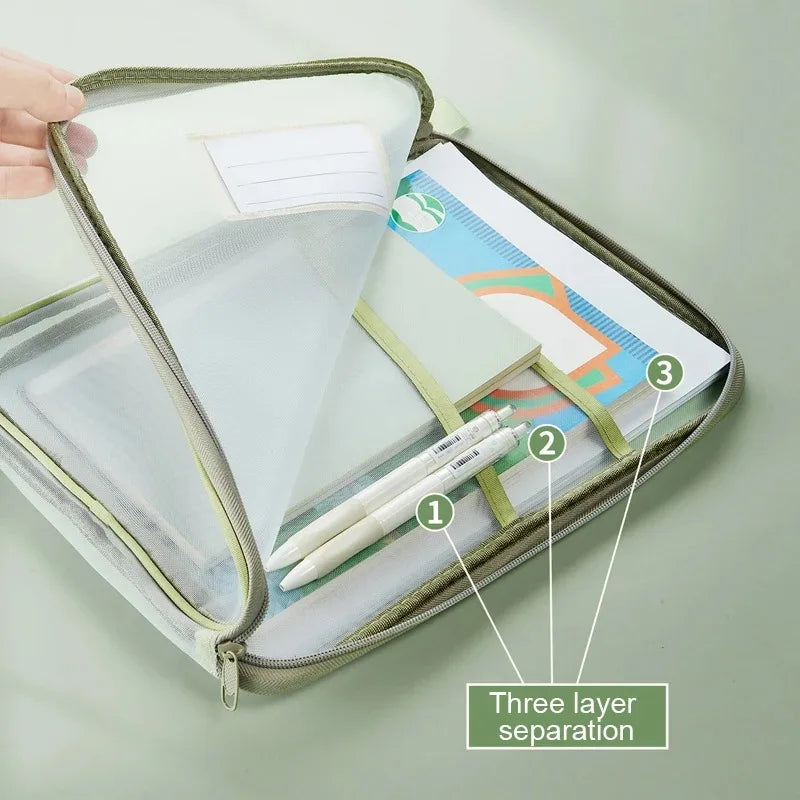 A4 Stationery Storage Bag Double-layer Mesh Zipper Bag Large Capacity Organizer Folders School Office Supplies Stationary Bag Oasis Select
