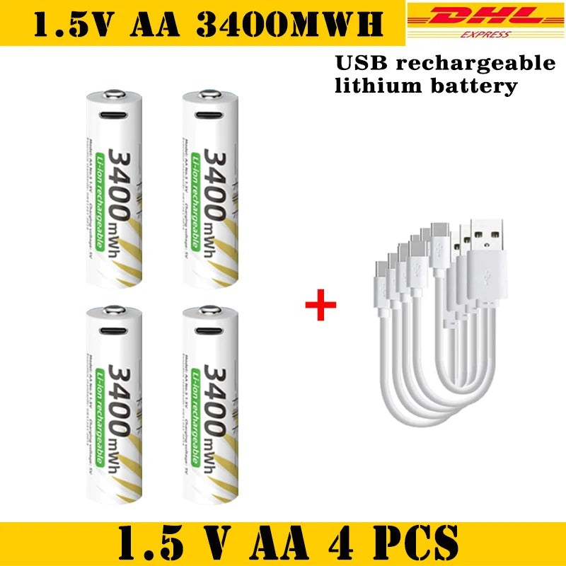 New Li-ion AAA and AA Rechargeable Batteries USB Lithium-ion 3400mWh 1.5V AA Rechargeable Batteries+800mWh 1.5V AAA Battery Oasis Select 1.5V AA 4pcs-Cable