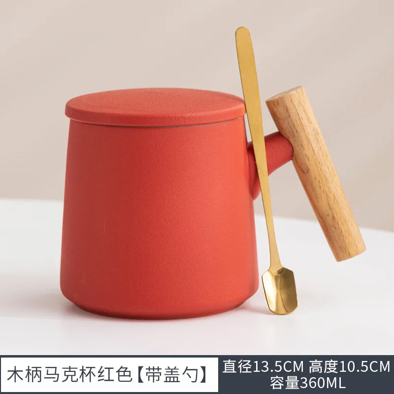 Office Wooden Handle Mug Japanese-style Ceramic Office Tea Cup Frosted Water Cup Three-piece Set with Lid Filter Mug Coffee Mug Oasis Select Red 301-400ml