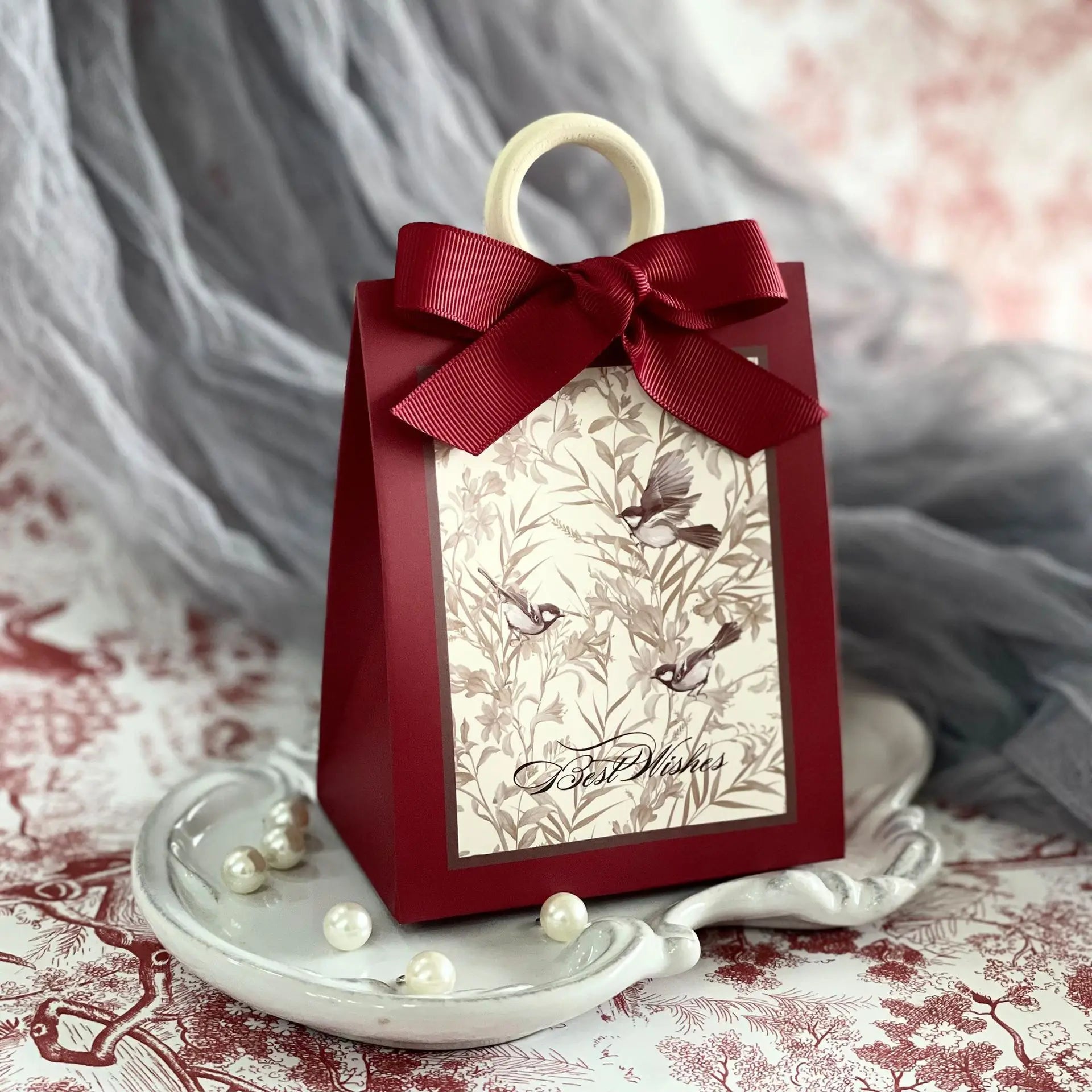 Flowers Birds And Forest Wedding Candy Box With Wooden Ring DIY Favors Birthday Party Jelwery Gift Packing Box Empty Paper Boxes Oasis Select Wine red 1 Other