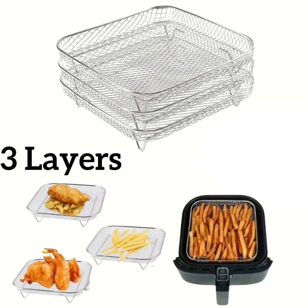 1/3Layer Air Fryer Racks Stainless Steel Square Air Fryer Basket Tray Stackable Dehydrator Racks Air Fryer Accessories Kitchen Oasis Select 3pc Square