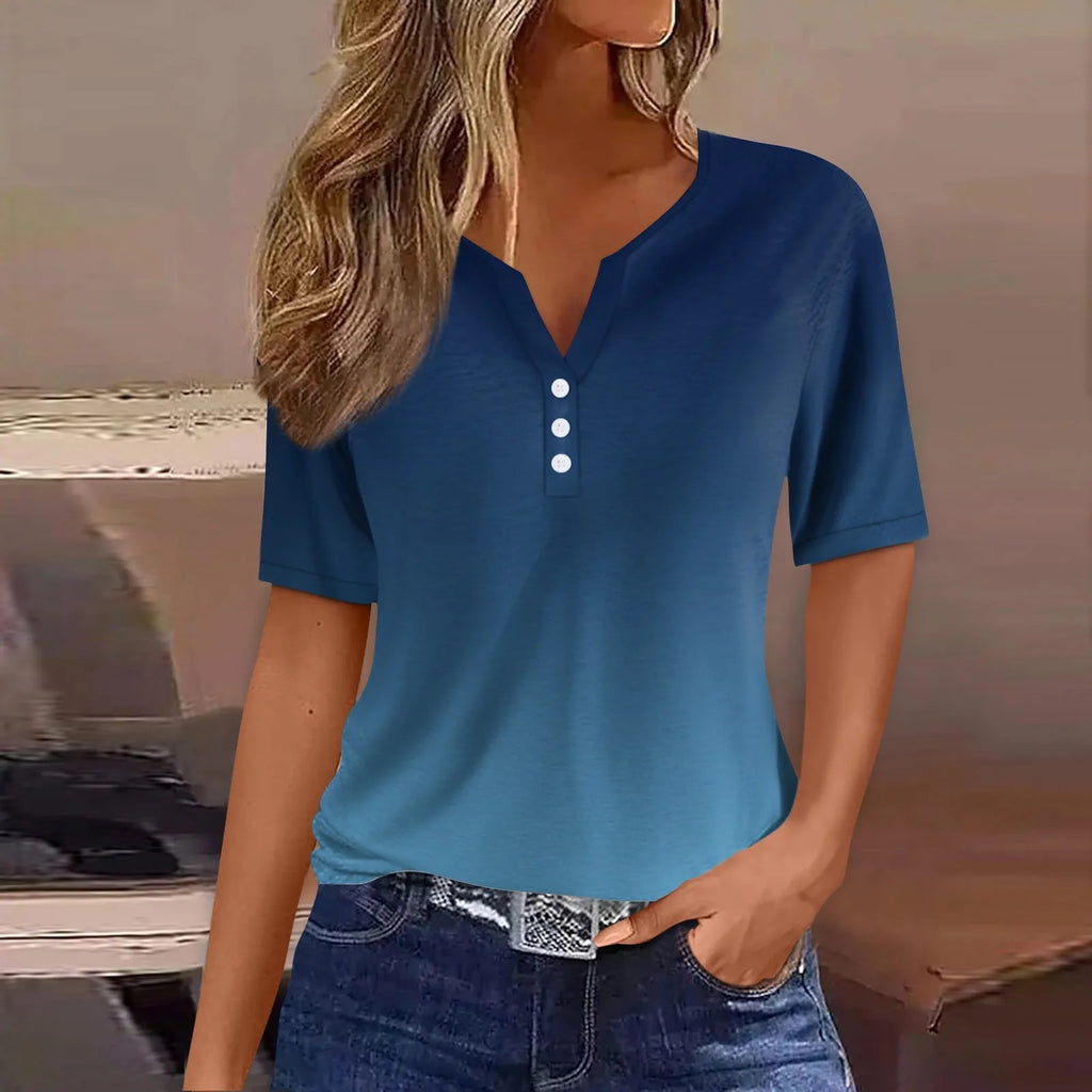 Women Summer Trendy Simple Casual Fashion Button T Shirt V Neck Short Sleeve Solid Loose Pullover Tops Plus Size Ropa De Mujer Oasis Select
