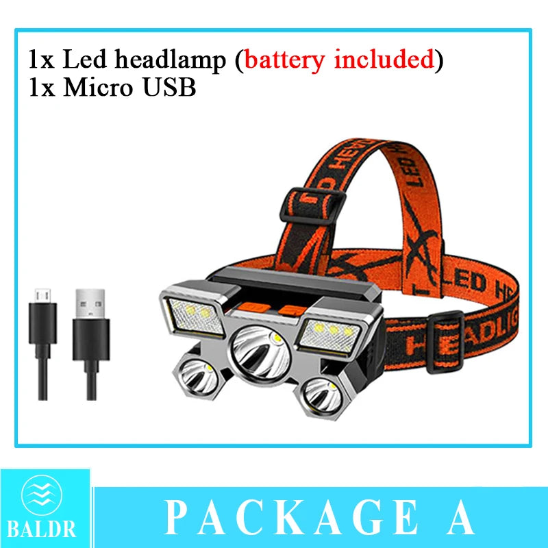 5 LED USB Rechargeable Headlamp 18650 Built in Battery Headlight Portable Head Flashlight Working Light Fishing Camping Lantern Oasis Select headlamp A Built in battery US
