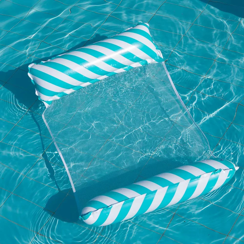 Foldable Striped Inflatable Lounge Chair for Swimming Pool Beach Leisure with Net Backrest Portable Floating Bed Oasis Select baby blue