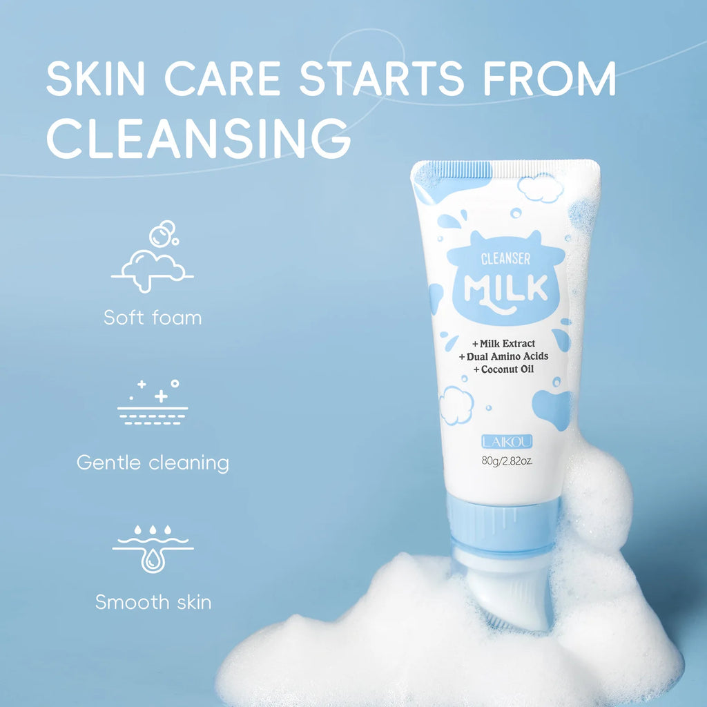 LAIKOU Milk Foaming Cleanser Dual Amino Acids Gentle Deep Cleansing Brightening for All Skin Types 80g Oasis Select
