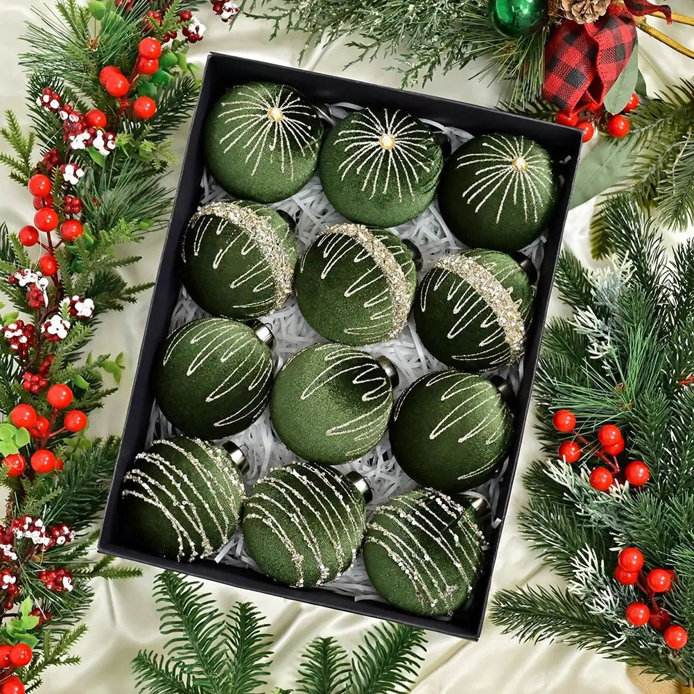 12-pcs 8cm Flocked Velvet Christmas Tree Ornaments Set Fit For Elegant Holiday Decor Christmas Charms Home Decor Xmas Hanging Oasis Select