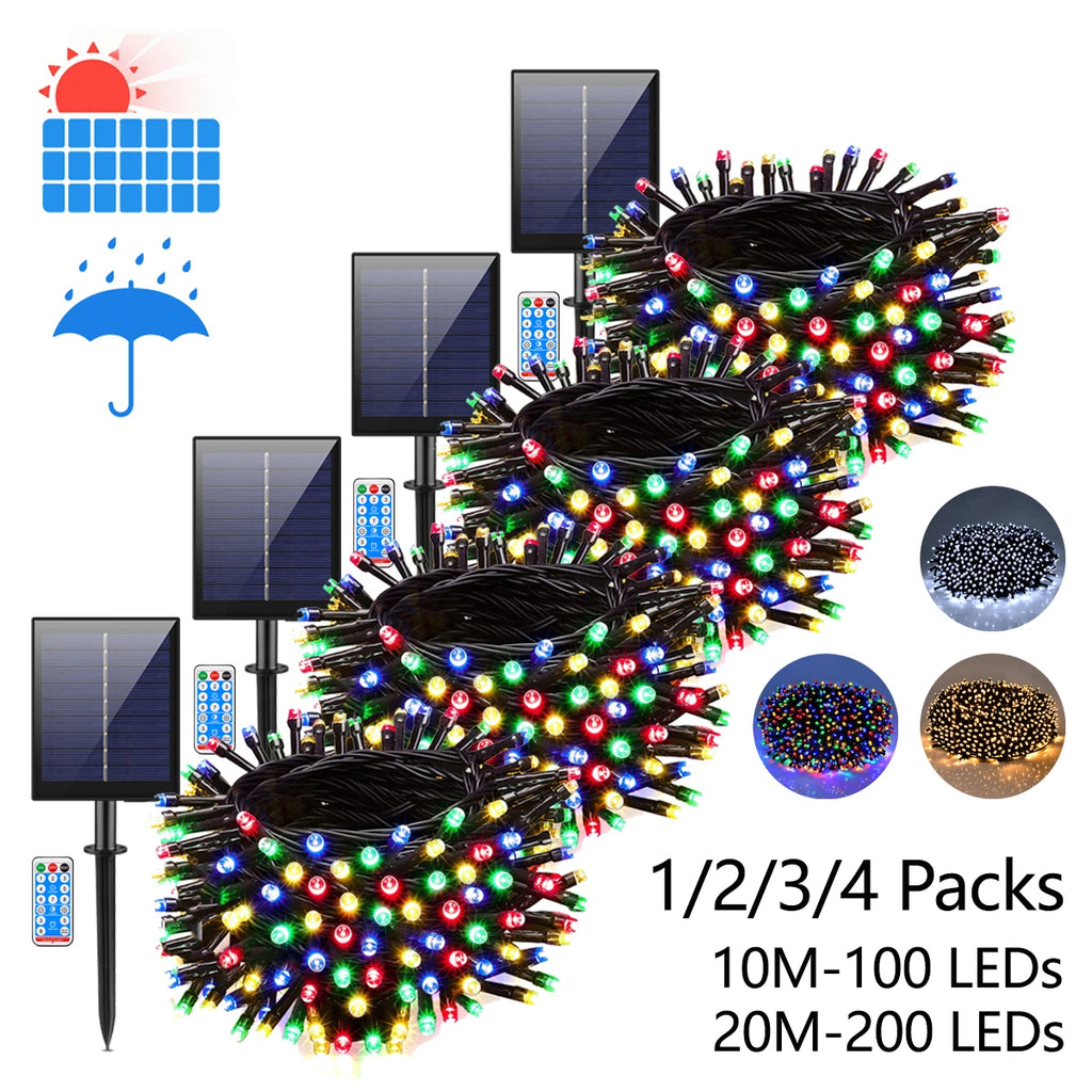 Outdoor Solar Lawn Street Light String 1/2/3/4Pcs Holiday Christmas Tree Stair Handail Decor Light Panel+Remote Control Dimmable Oasis Select