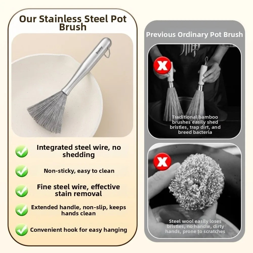 Stainless Steel Kitchen Cleaning Brush Long Handle Anti-Rust Dish Washing Brush One-piece Molded Steel Wire Pot Cleaning Tool Oasis Select