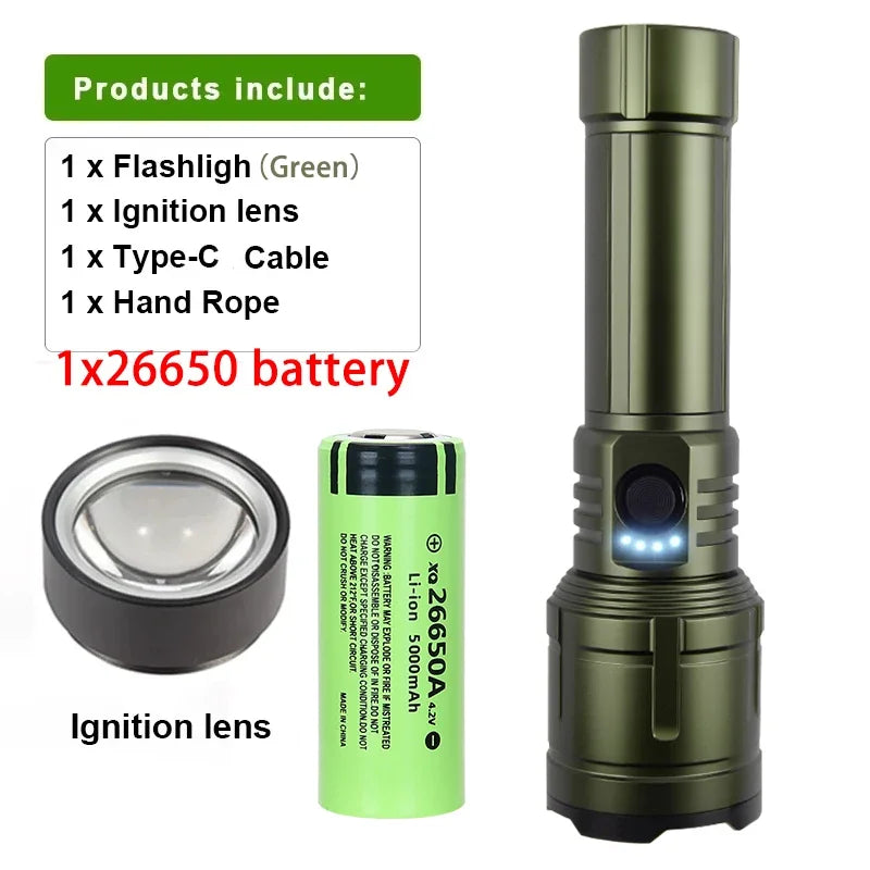 Powerful Flashlight Concentrating Ignition Flashlights Waterproof Type C Rechargeable Lamp Outdoor Camping Adventure Torch Oasis Select Green-5000mahBattery