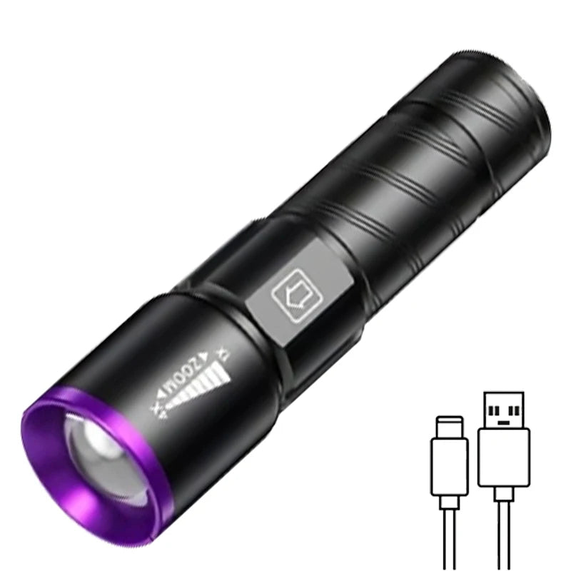 UV 395NM Flashlight Rechargeable UV Zoomable Torch 3 Modes Camping Ultraviolet Flashlights for Pet Stacks Fluorescent Detection Oasis Select 1PC