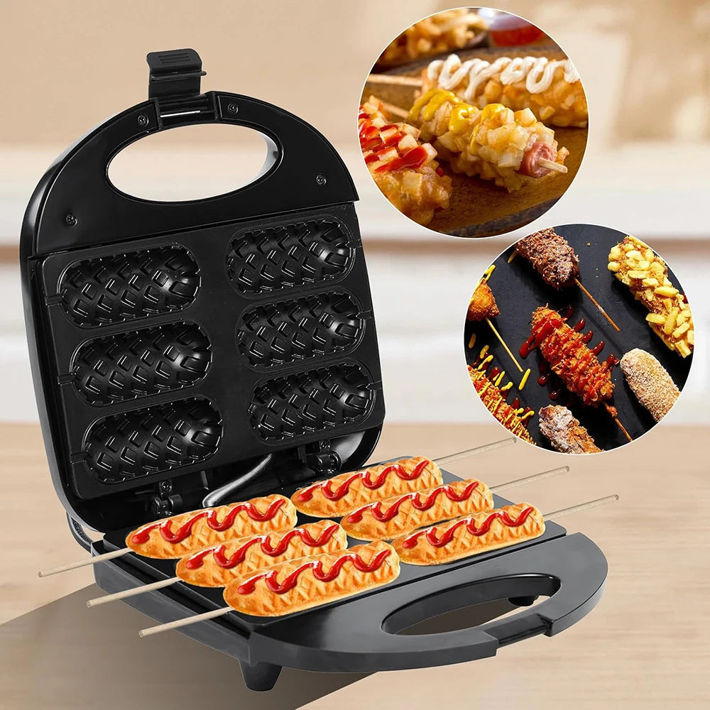 Electric Hot Dog Machine Waffle Maker 6 Corn Dogs Non-Stick Double-sided Heating Sausage Roll Maker Breakfast for Kid Party 220V Oasis Select