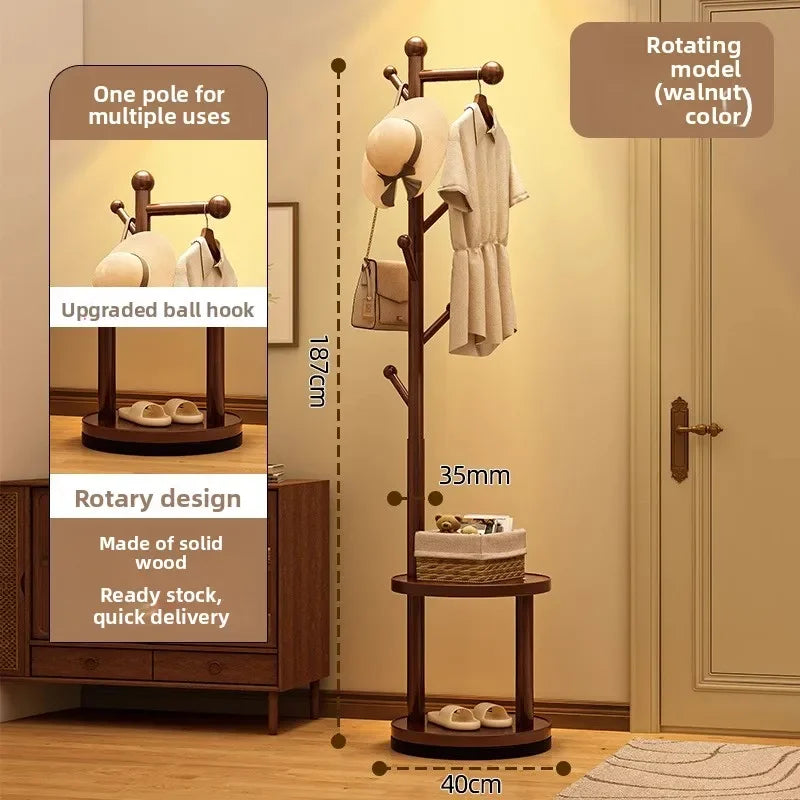 Multi-functional Bedside coat rack living room solid wood hanger double storage home floor hanger bedroom Oasis Select Walnut-G