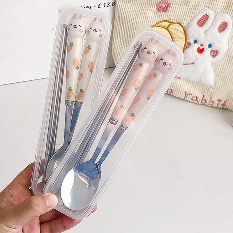Cute Cutlery Set Cartoon Bunny Stainless Steel Cutlery Kit Mirror Polished Flatware Sets Spoon and Fork Set in Storage Box Oasis Select