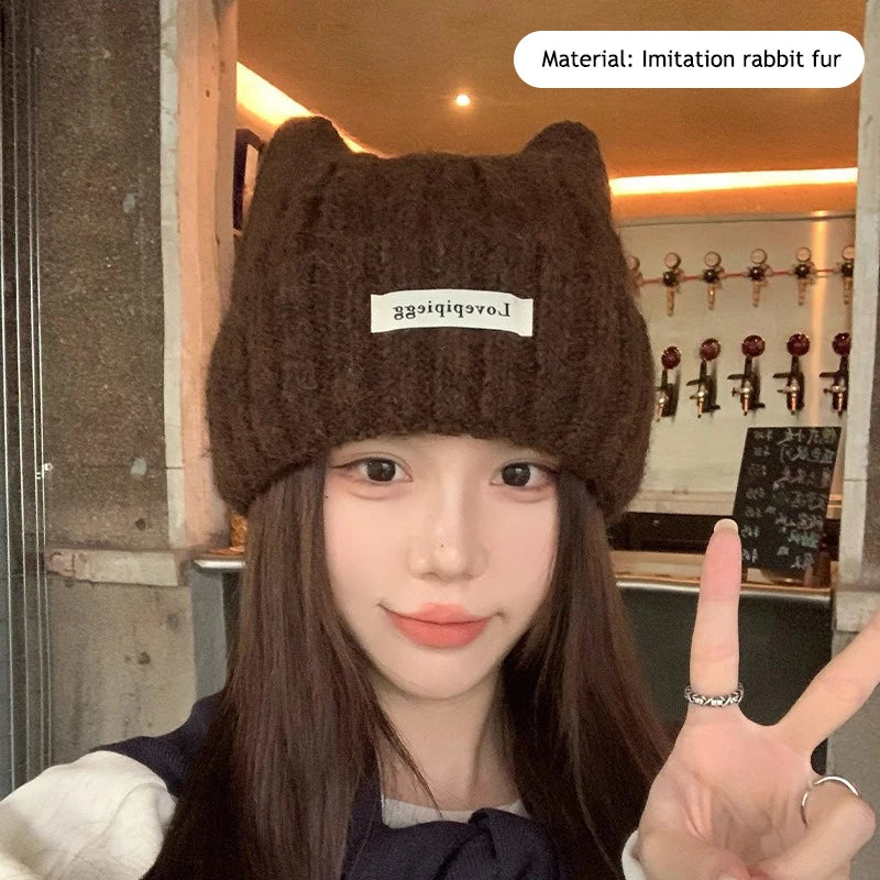 Cat Ear Knitted Beanie – Korean Style Winter Hat for Women