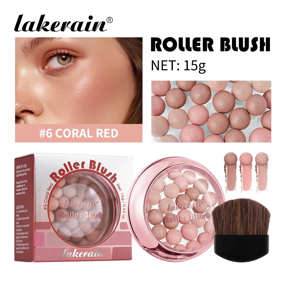Lakerain Roller Blush Long-lasting Holding Natural Makeup Blusher Lightweight Shimming Spherical Blush Powder Beads Cosmetics Oasis Select 06 Coral Red