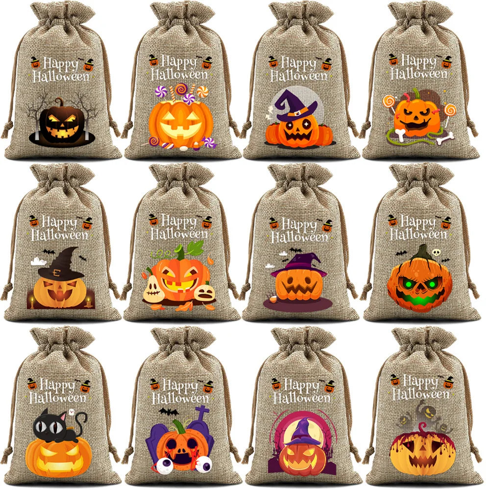 StoBag 12pcs Wholesale Halloween Linen Bag Gift Candy Packaging Drawstring Small Storage Kids Child Pouches Trick or Treat Party Oasis Select G-12PCS other