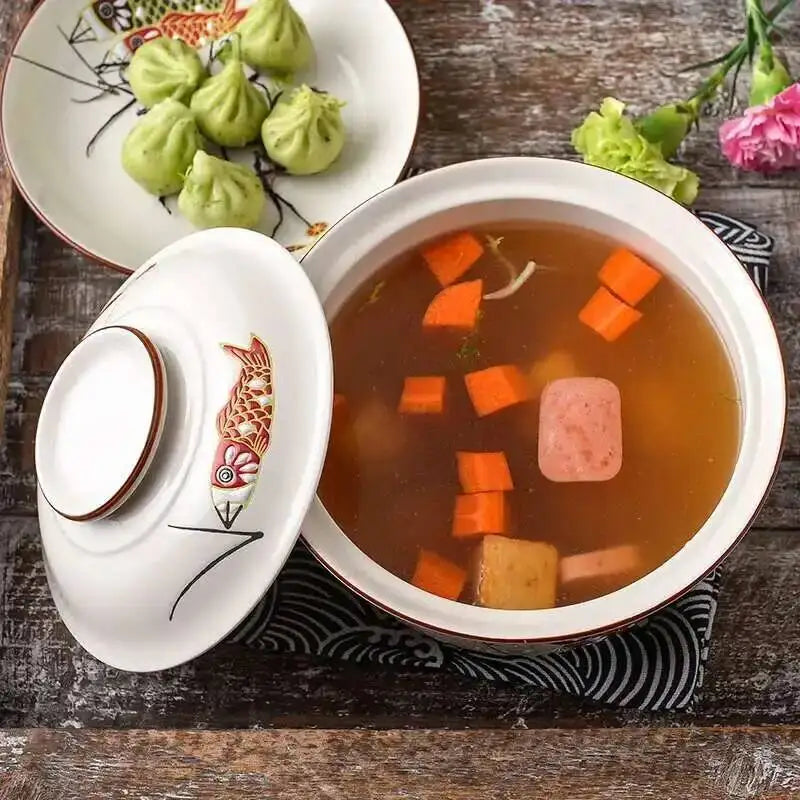 Japanese Ceramic Soup Bowl With Lid Instant Noodle Bowl Ramen Bowl Tableware Microwaveable Supplies Oasis Select