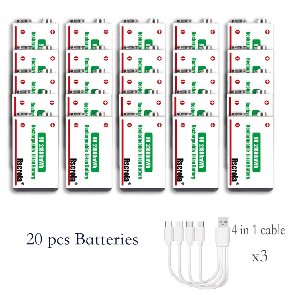 Long-Lasting 9V Lithium ion Rechargeable Battery 21800mWh High Capacity for Guitar Microphone Smoke Detector Pedal with Cable Oasis Select 20 pcs 9v Batteries 9v
