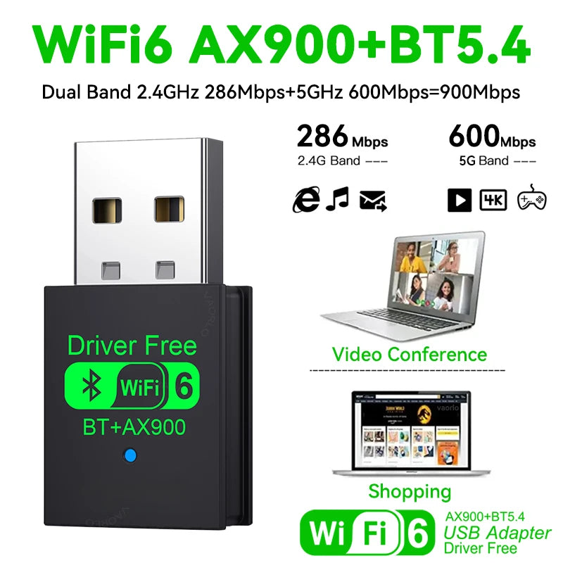 2 IN 1 WIFI6 AX900 USB WiFi Bluetooth 5.4 Wireless Adapter Dual Band 2.4G+5GHz 900Mbps Network Card Receiver Dongle For Win10/11 Oasis Select