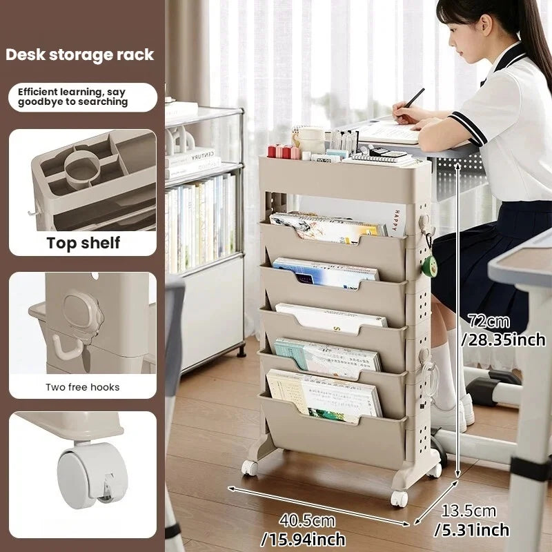 Side table bookshelf, schoolbag storage rack, household multi-level mobile trolley, learning supplies storage rack Oasis Select Red