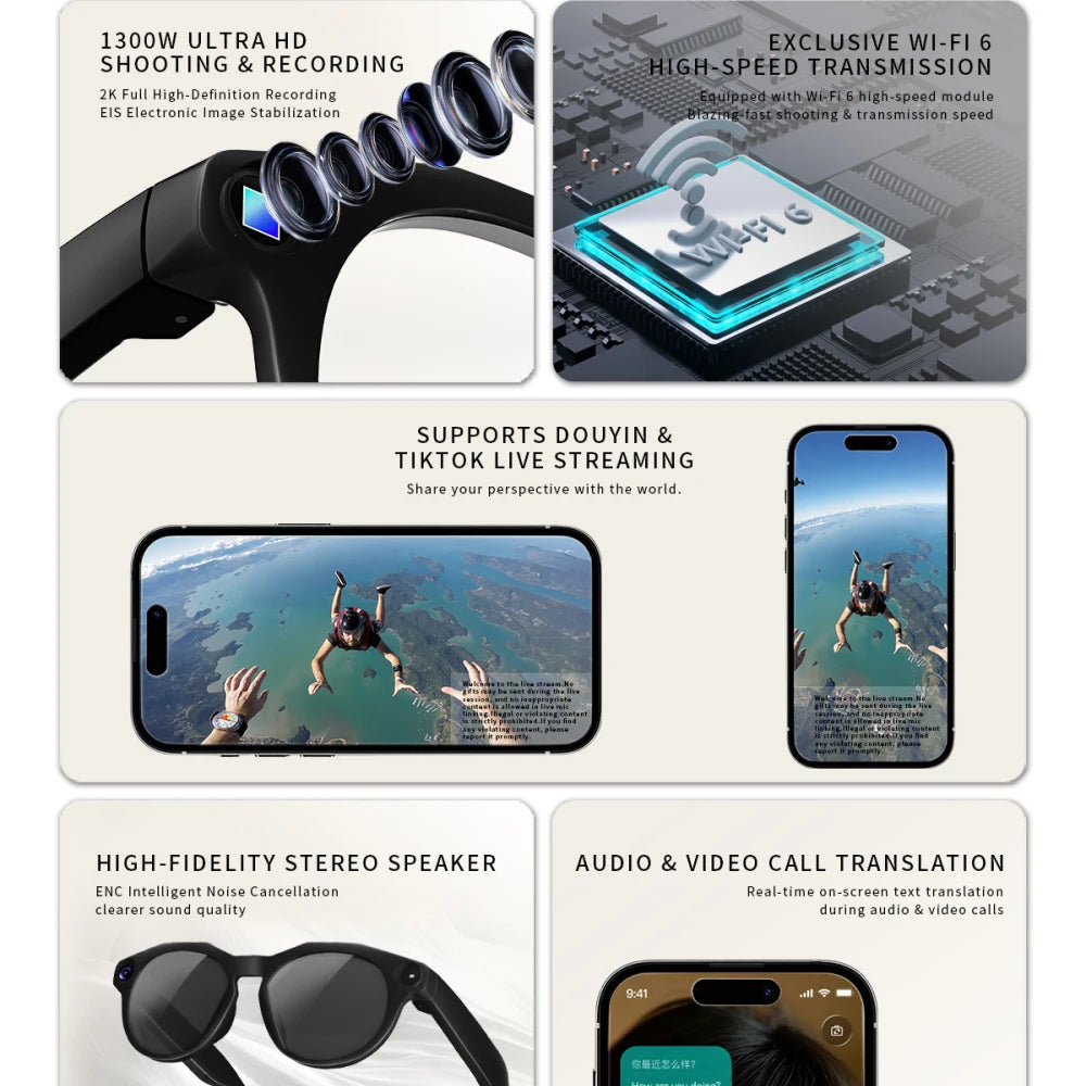 AI Smart Glasses 1300W Pixel Anti Blue Light HD Camera Video BT Call Real-time Translation Live Streaming Glasses Sunglasses Men Oasis Select