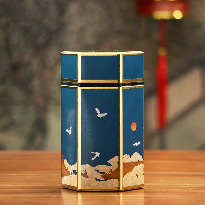 Creative Hexagonal Tea Pot Tin Can Chinese Tinplate Tea Storage Tank Small Sealed Portable Tea Box Empty Can Tea Set Accessories Oasis Select StyleB L