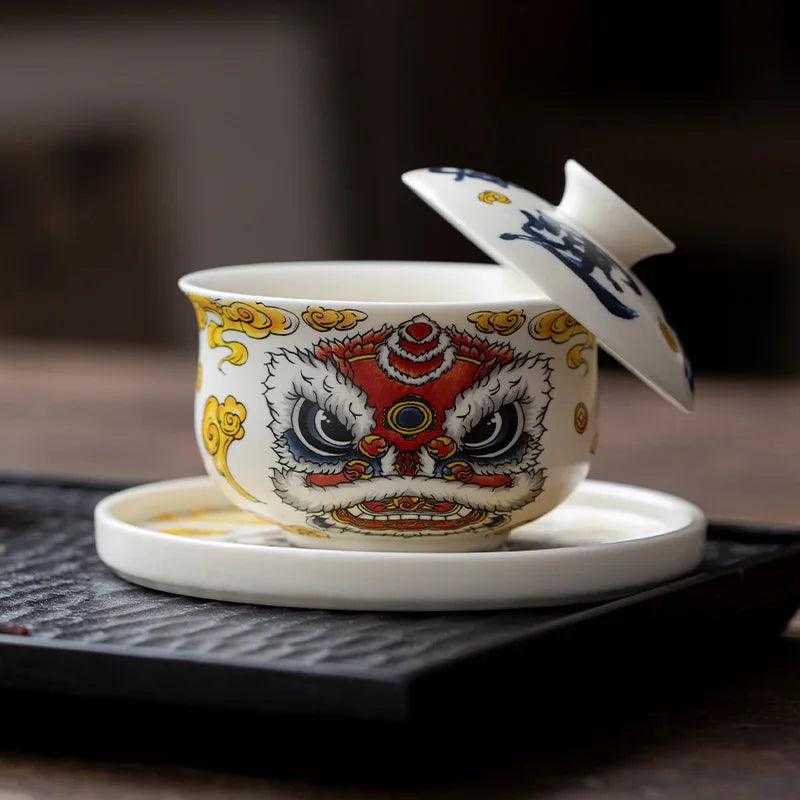 National Tide Lion Cloth Bag Hover Revolving Cover Bowl Teacup Single High-end Tea Bowl Ceramic Pot Bearing Kung Fu Tea Set Oasis Select