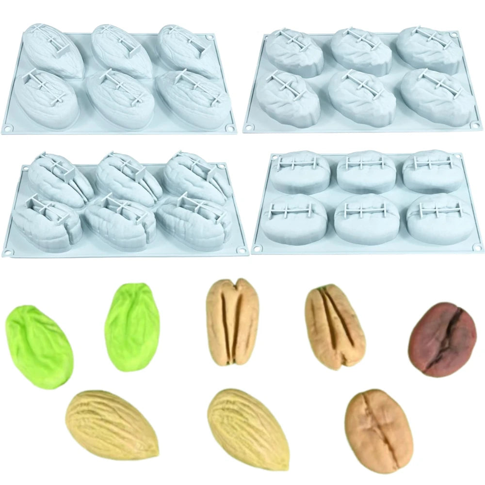 6 Cavity Nut Shaped Silicone Mold 3D Simulation Almond Pistachio Pecan Coffee Bean Mould Baking Tool for DIY Mousse Cake Pudding Oasis Select