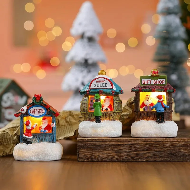Christmas Snowman Luminous Decoration Resin Santa Claus Shop Micro Landscape Ornaments Christmas LED House Pine Needles Snow Oasis Select