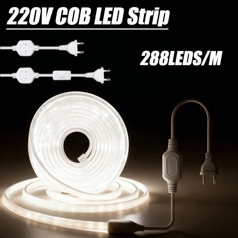 Waterproof COB LED Lights Strip 220V COB Light LED Room Decoration EU Plug 288 LEDS For Room Kitchen Outdoor Garden lighting LED Oasis Select