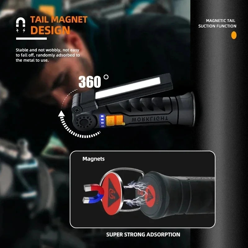 Portable COB LED Work Light – Magnetic, Hook, Rechargeable 350LM