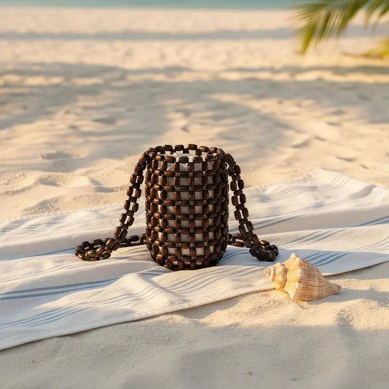 Retro Handmade Wooden Bead Woven Bucket Bag Creative Handbag Women Mini Hollow Bucket Bag Summer Wrist Bag Oasis Select