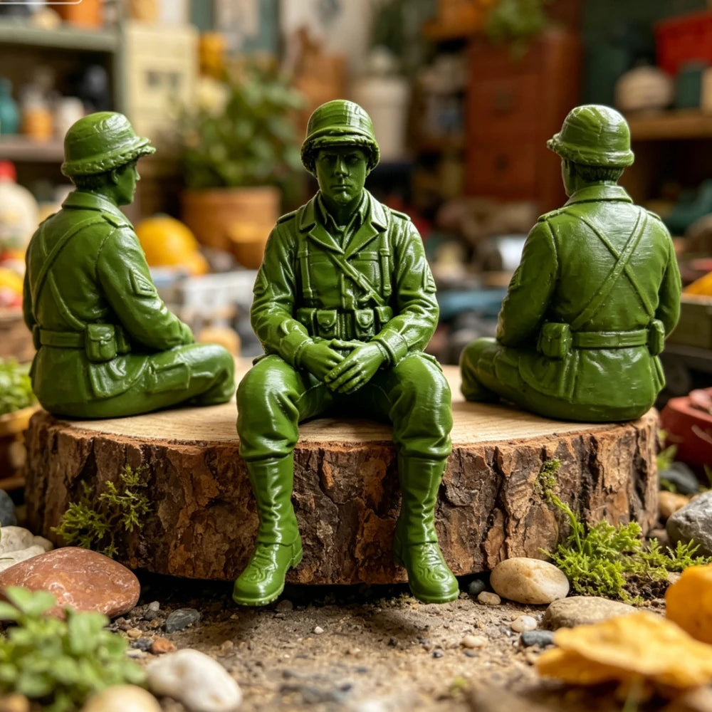 Retro Army Man Sitting Posture Figurine Shelf Decor Helmet Soldier Ornament Military Fan Gifts Minimalist Home Office Desk Decor Oasis Select