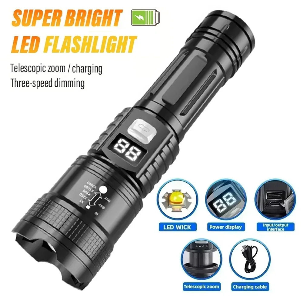 High Strong Power Led FlashlightsTactical Torch with Display Light USB Charging Outdoor Camping Fishing Emergency Zoom Lantern Oasis Select