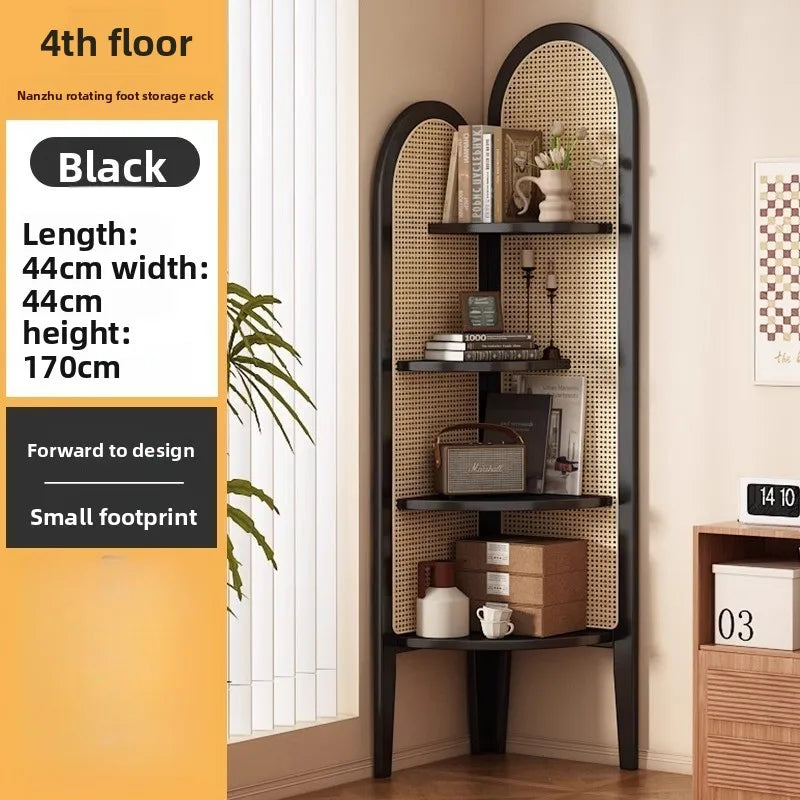 Chinese retro rattan corner decoration shelf, living room sofa wall edge book cabinet, bedroom solid wood triple crutch screen Oasis Select black